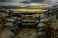 Sandbag for protecting the enemy from invading front line. Sandbag and bunker of the old military bunker base