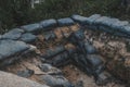 Sandbag for protecting the enemy from invading front line. Sandbag and bunker of the old military bunker base on the mountain Royalty Free Stock Photo