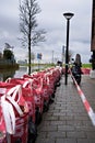 Sandbags protect houses in the street against flooding due to high water level Hoorn, Netherlands 2024