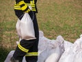 Sandbags Flood protection Fireman for the flood