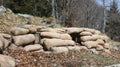 sandbags to protect a war trench dug inside the mountain to defe