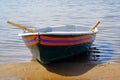 Sandbank. Rescue boat with oars on a blue background. Blue sky background. Transport background. Festive summer beach background Royalty Free Stock Photo