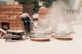 Sandblasting at an industrial plant, a worker knocks down oxide Royalty Free Stock Photo