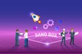 Sandbox, demo test software programing. Engineering team discuss virtual experiment program in metaverse sanbox simulation