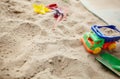 Sandbox outdoor. Children`s sandbox with various toys for the game Royalty Free Stock Photo