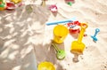 Sandbox outdoor. Children`s sandbox with various toys for the game Royalty Free Stock Photo