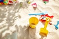 Sandbox outdoor. Children`s sandbox with various toys for the game Royalty Free Stock Photo