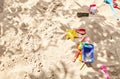 Sandbox outdoor. Children`s sandbox with various toys for the game Royalty Free Stock Photo