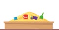 Sandbox with pile of sand and children toys in flat style. Sandpit with kids shovel, bucket and car on pile of yellow powder.