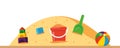 Sandbox with pile of sand and children toys in flat style. Sandpit with kids shovel, bucket and car on pile of yellow powder. Royalty Free Stock Photo