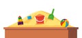 Sandbox with pile of sand and children toys in flat style. Sandpit with kids shovel, bucket and car on pile of yellow powder. Royalty Free Stock Photo