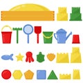 Sandbox and set of various toys and tools for playing with sand, bright accessories for childrens play in flat style Royalty Free Stock Photo