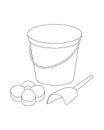 Sandbox toys, bucket, shoulder blade and mold. Black and white contour vector illustration for coloring book.