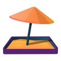 Sandbox with umbrella icon, cartoon style