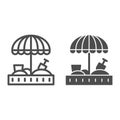 Sandbox and umbrella line and solid icon, childhood concept, Sand kid playground sign on white background, Sandbox with