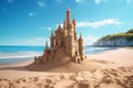 Sandcastle beach on bright sky. 3d rendering Generative AI