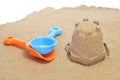 Sandcastle and beach shovels