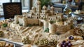 Sandcastle building contest accompanied by a spread of Mediterraneaninspired bites like hummus pita bread and olives Royalty Free Stock Photo