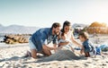 Sandcastle fun, parents and children at the beach with bonding, love and support. Baby, mom and dad together with kids Royalty Free Stock Photo