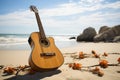 Sandcastle\'s companion: an acoustic guitar stands on the beach, ready to sing.