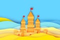 Sandcastle on Seashore in paper cut style. Summer Vacation. Children summer games and activities.