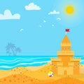 Sandcastle on Seashore. Summer Vacation. Beach toys. Children summer games and activities.