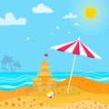 Sandcastle on Seashore. Time to travel. Summer Vacation. Beach rest. Parasol. Children summer games and activities