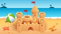 Sandcastle with towers on empty summer sea beach