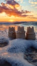 Sandcastles on beach with sunset waves, playful summer scene Royalty Free Stock Photo