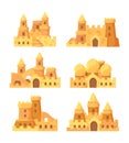 Sandcastles. Fairytale summer buildings on seaside shovel and bucket for sand builders vector set