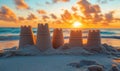 Sandcastles at sunset on beach with ocean waves and colorful clouds Royalty Free Stock Photo
