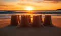 Sandcastles at Sunset on Beach with Waves and Golden Sky Royalty Free Stock Photo
