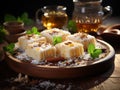 Sandesh on a rustic wooden table