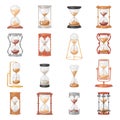 Sandglass vector glass clock with flowing sand and hourglass clocked in time illustration clocking alarm timer to