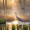 Sandhill Crane In Morning Marsh and Sunlight