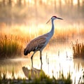 Sandhill Crane In a Misty Wetland