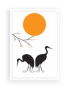 Sandhill Crane silhouettes on sunset, vector. Minimalist poster design. Two birds silhouettes illustration isolated on white backg