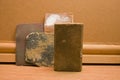 Sanding block and used sandpaper. Royalty Free Stock Photo