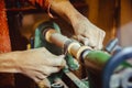 Sanding wood on a lathe