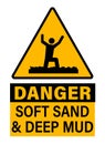 Danger, soft sand and deep mud. Warning triangle sign with symbol and text