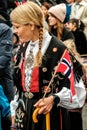 Woman Wearing Traditional Dress Carrying Norwegian Flag Independence Day