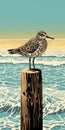 Bold Lithographic Art: Wooden Post With Bird In The Ocean