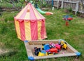 Sandpit with children`s toys in kindergarten Royalty Free Stock Photo