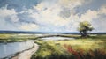 The Sands A Serene Oil Painting Of A Water Meadow And Sky Royalty Free Stock Photo