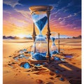 Sands of Serenity - Desert scene with hourglasses revealing tropical paradises