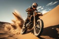 Sands of thrill Motocross rider in desert, executing breathtaking jumps