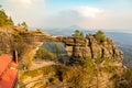 Sandstone arch Pravcicka brana landmark in evening, Bohemian Switzerland, Czech republic