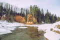 Sandstone cliffs on the river shore in the Gaujas National Park, Latvia Royalty Free Stock Photo