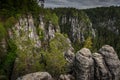 Sandstone formations and beautiful forest in springtime. Bastei Aqueduct Bastei Bridge in Saxon Switzerland