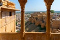 Sandstone made beautiful balcony, jharokha, stone window and exterior of Jaisalmer fort. UNESCO World heritage site overlooking